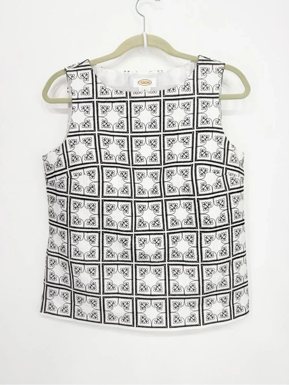 Talbots White Cotton Black Embroidered Windowpane Sleeveless Top